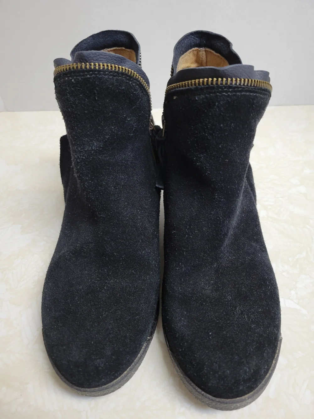 Halsa Footwear Black Suede Wedge Ankle Booties with Metallic Back